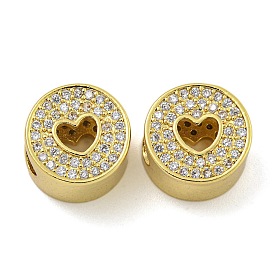 Rack Plating Brass Micro Pave Cubic Zirconia Beads, Long-Lasting Plated, Cadmium Free & Lead Free, Flat Round with Heart