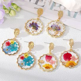 Colorful Dried Flower Earrings with Gold Foil, Geometric Floral Ear Jewelry