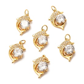 Brass Micro Pave Clear Cubic Zirconia Pendants, Long-Lasting Plated, Dolphin