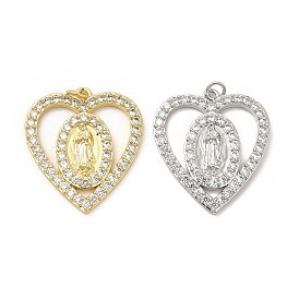 Brass Micro Pave Cubic Zirconia Pendants, with Jump Ring, Heart with Religion Virgin Mary Charm