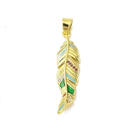 Brass Micro Pave Cubic Zirconia Pendants, with Enamel, Real 18K Gold Plated, Feather