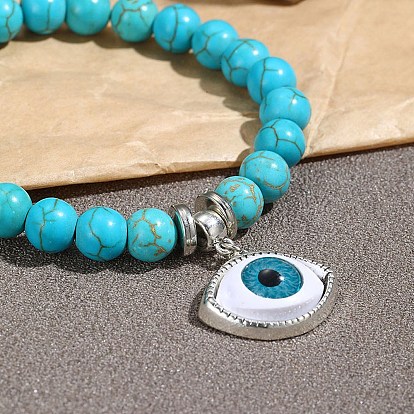 Synthetic Turquoise Beaded Bracelets, Bohemia Style Alloy Charms Stretch Bracelets for Women