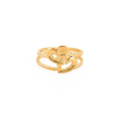 Chapado en iones (ip) 304 anillo de puño abierto de doble corazón de acero inoxidable para mujer, sin níquel