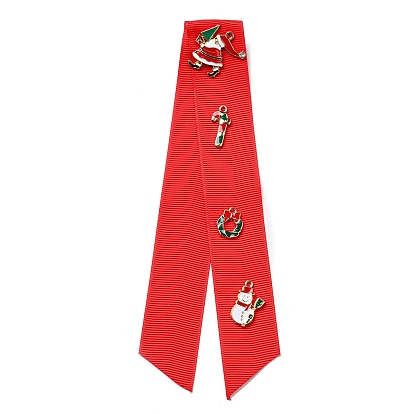 Christmas Polyester Ribbon Safety Pin Brooch, with Alloy Enamel Santa Claus & Candy Cane & Wreath & Snowman, Iron Pin