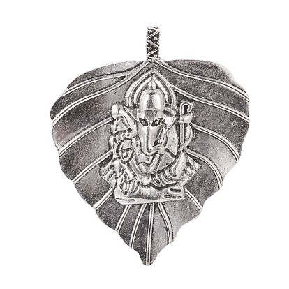 Tibetan Style Alloy Big Pendants, Leaf with Hindu Elephant God Lord Ganesh Statue