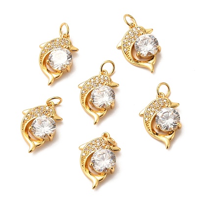 Brass Micro Pave Clear Cubic Zirconia Pendants, Long-Lasting Plated, Dolphin