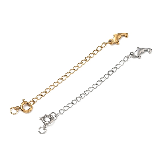 304 Stainless Steel Curb Chain Extender, End Chains with Spring Ring Clasps & Dolphin Charms