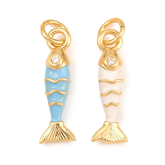 Brass Micro Pave Clear Cubic Zirconia Pendants, Enamel Style, Cadmium Free & Lead Free, Long-Lasting Plated, Rack Plating, Fish Charms, Real 18K Gold Plated