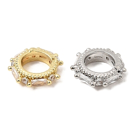Brass Micro Pave Clear Cubic Zirconia European Beads, Large Hole Beads, Ring, Cadmium Free & Lead Free, Rack Plating, Long-Lasting Plated