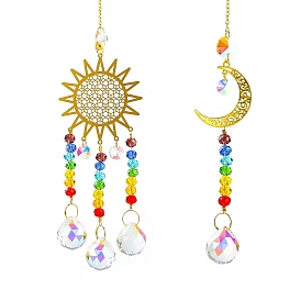 Alloy Hollow Moon Sun Hanging Ornaments, Iron Chain & Colorful Glass Round Beads Tassel for Home Garden Decorations