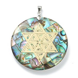 Natural Abalone Shell/Paua Shell Pendants, Mosaic Pattern, with Platinum Plated Brass Findings and Gold Foil, Flat Round with Hexagram