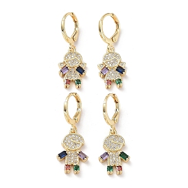 Real 18K Gold Plated Brass Dangle Leverback Earrings, with Cubic Zirconia and Glass, Human