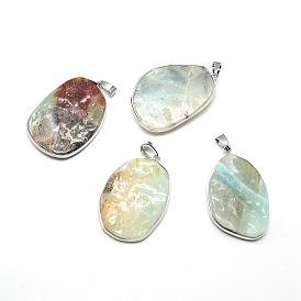 Natural Flower Amazonite Pendants, with Platinum Tone Brass Findings, Nuggets