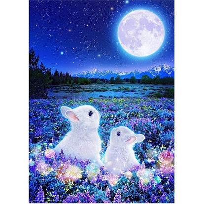 DIY Rectangle Rabbit Theme Diamond Painting Kits, Including Canvas, Resin Rhinestones, Diamond Sticky Pen, Tray Plate and Glue Clay, Rabbits in the Moon Night