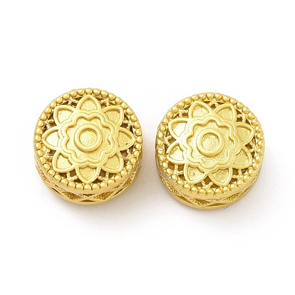 Rack Plating Brass Beads, Long-Lasting Plated, Lead Free & Cadmium Free, Flat Round with Flower
