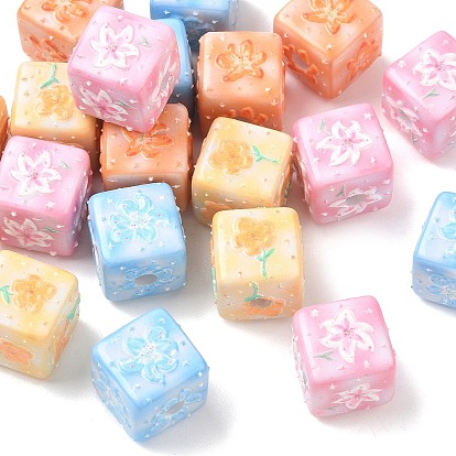 Carved Opaque Acrylic European Beads, Hand Drawn Large Hole Beads, Cube with Flower