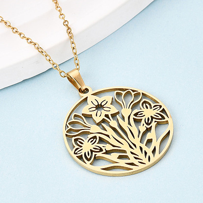 304 подвесные из нержавеющей стали ожерелья, полые плоские круглые с цветком, ионное покрытие (ip)