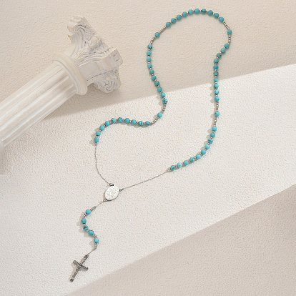 Ожерелья из синтетических бирюзовых четок, ожерелья с подвеской в виде овального креста из нержавеющей стали