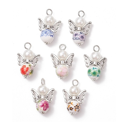 Colgantes de cerámica y porcelana con estampado de ángel, Con fornitura de aleación y cuentas redondas de imitación de perlas de plástico ABS.