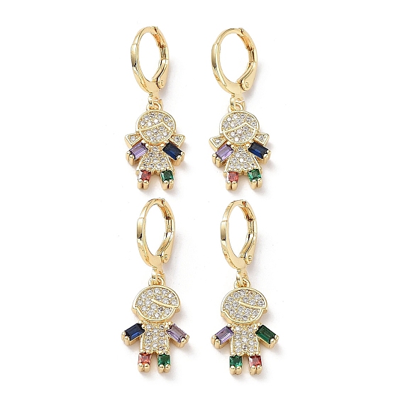 Golden Brass Dangle Leverback Earrings, with Cubic Zirconia and Glass, Human