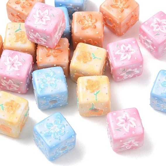 Carved Opaque Acrylic European Beads, Hand Drawn Large Hole Beads, Cube with Flower