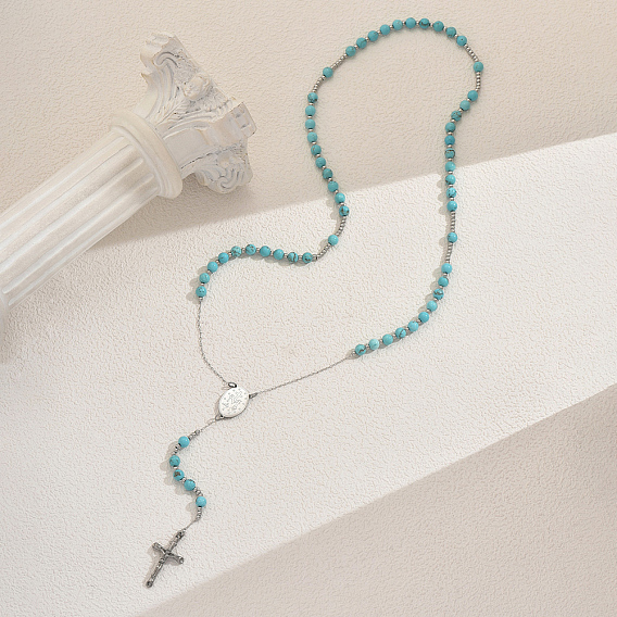 Ожерелья из синтетических бирюзовых четок, ожерелья с подвеской в виде овального креста из нержавеющей стали