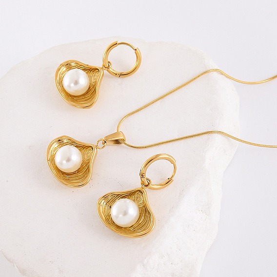 В форме ракушки 304 комплекты из серег-колец и ожерелий с подвесками из нержавеющей стали, с жемчугом из раковины 