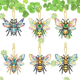 6 Styles Insect Bees DIY Diamond Keychain Painting Kit, Including Resin Rhinestones Bag, Diamond Sticky Pen, Tray Plate and Glue Clay