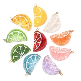 Opaque & Transparent Resin Pendants, Lemon Slice Shape Charms, with Alloy Finding, Golden