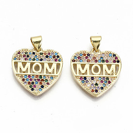 Brass Micro Pave Colorful Cubic Zirconia Pendants, Nickel Free, for Mother's Day, Heart with Word Mom