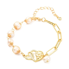 Double Heart Brass Micro Pave Cubic Zirconia Link Bracelet for Valentine's Day Gift, Wire Wrap Round Natural Pearl & Paperclip Chain Bracelet, Golden