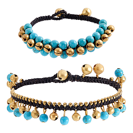 Bohemian Synthetic Turquoise & Brass Bell Tassel Braided Waxed Cord Anklets & Bracelets for Women