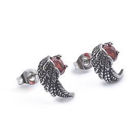 Retro 304 Stainless Steel Stud Earrings, with Cubic Zirconia and Ear Nuts, Wing, Red