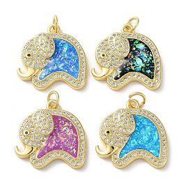 Brass Micro Pave Clear Cubic Zirconia Pendants, with Synthetic Opal, with Jump Ring, Real 18K Gold Plated, Elephant