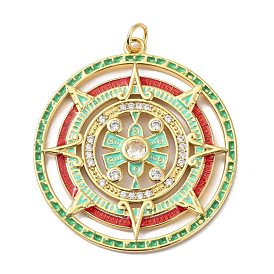 Brass Clear  Cubic Zirconia Pendants, with Jump Ring, Long-Lasting Plated, Lead Free & Cadmium Free, Flat Round, Real 18K Gold Plated