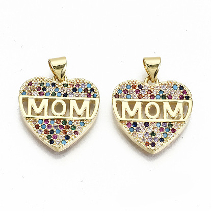 Brass Micro Pave Colorful Cubic Zirconia Pendants, Nickel Free, for Mother's Day, Heart with Word Mom