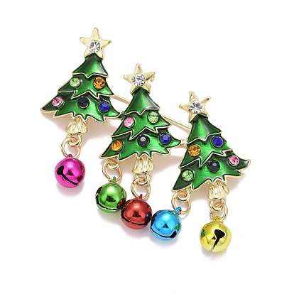 Christmas Tree with Bell Enamel Pin with Rhinestone, Alloy Badge for Backpack Clothes, Golden
