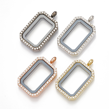 Alloy Magnetic Locket Pendants, with Rhinestone and Glass, Rectangle, Crystal