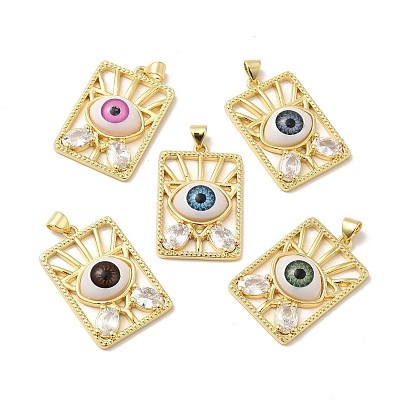 Brass Micro Pave Clear Cubic Zirconia Pendants, with Resin, Real 18K Gold Plated, Rectangle with Evil Eye