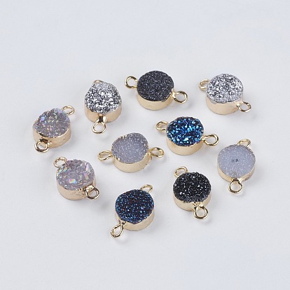 Natural Druzy Agate Links Connectors, with Light Gold Plated Brass Findings, Flat Round
