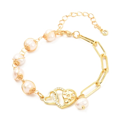 Double Heart Brass Micro Pave Cubic Zirconia Link Bracelet for Valentine's Day Gift, Wire Wrap Round Natural Pearl & Paperclip Chain Bracelet, Golden