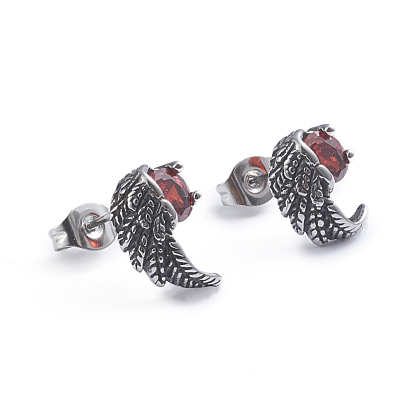 Retro 304 Stainless Steel Stud Earrings, with Cubic Zirconia and Ear Nuts, Wing, Red