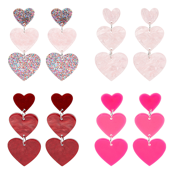 4 пары 4 стильные акриловые серьги-гвоздики в форме сердца с 304 штифтами из нержавеющей стали для женщин