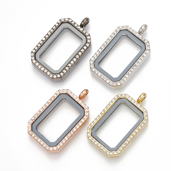 Alloy Magnetic Locket Pendants, with Rhinestone and Glass, Rectangle, Crystal