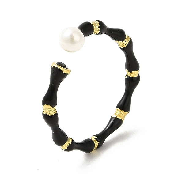 Black Enamel Bamboo Joint Open Cuff Ring with ABS Plastic Pearl Beaded, Brass Jewelry for Women, Cadmium Free & Nickel Free & Lead Free