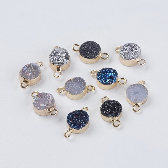 Natural Druzy Agate Links Connectors, with Light Gold Plated Brass Findings, Flat Round