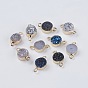 Natural Druzy Agate Links Connectors, with Light Gold Plated Brass Findings, Flat Round