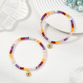 Gradient Color Natural Dyed White Jade & Synthetic Shoushan Stone Rondelle Beaded Stretch Bracelets, with Brass Pave Cubic Zirconia Evil Eye Sun Charms, Golden