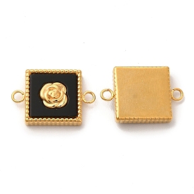 Vacuum Plating 304 Stainless Steel Connector Charms, with Black Acrylic, Square with Rose