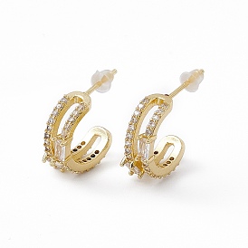 Clear Cubic Zirconia C-Shape Stud Earrings, Brass Half Hoop Earrings for Women, Lead Free & Cadmium Free